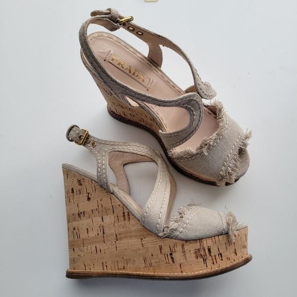 Prada Cream Jute Cork Wedge Sandals Size 39 size 8 - Picture 2 of 9